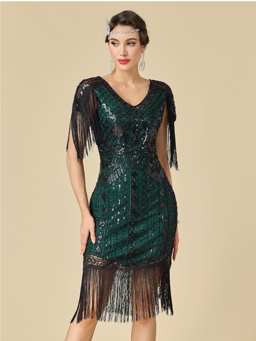 Elegant Green Fringe Sequin Cocktail Dress